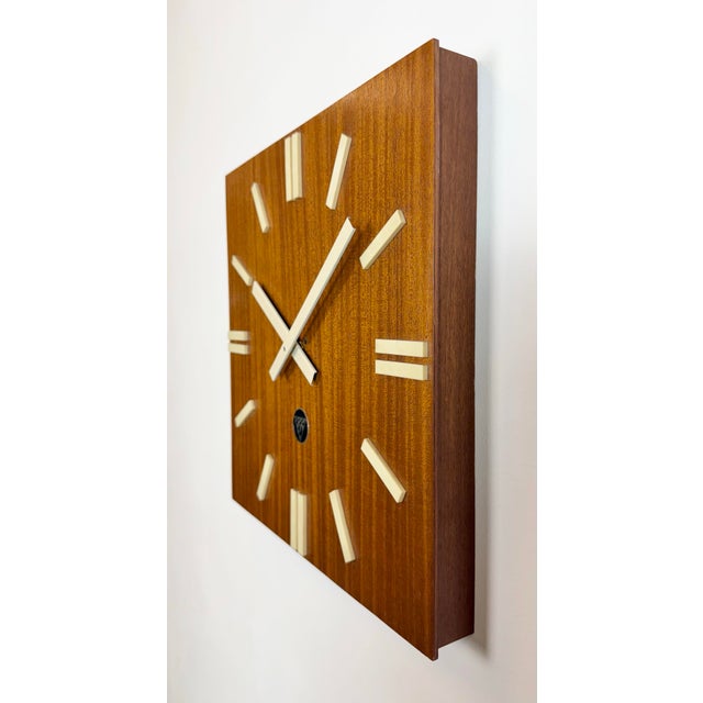 Industrial Vintage Brown Wooden Wall Clock from Pragotron, 1980s For Sale - Image 3 of 16