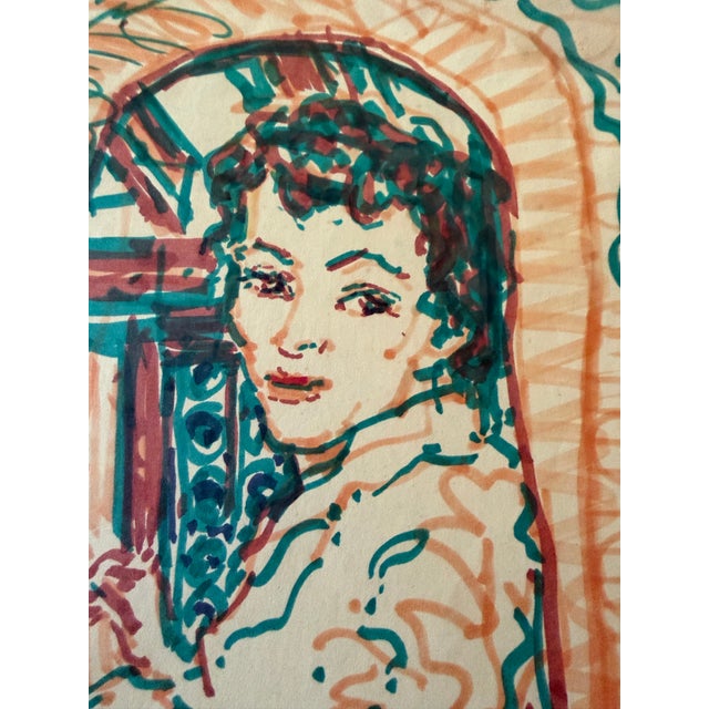 This is an unusual colored portrait sketch of a young woman prepared with markers. The portrait was prepared by Romanian-...