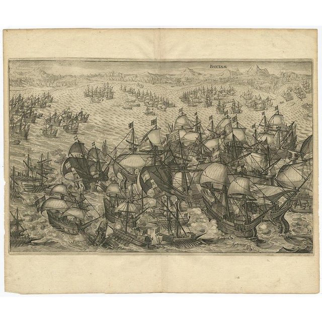 Antique print titled 'bantam'. Copper engraving of the dutch attack on the portuguese fleet off bantam in 1601 depicted as...