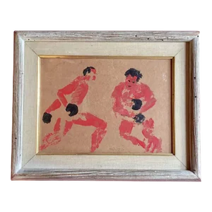 1940s-1950s Mid-Century Modern Two Boxers Fighting Oil Painting on Board in Original Frame