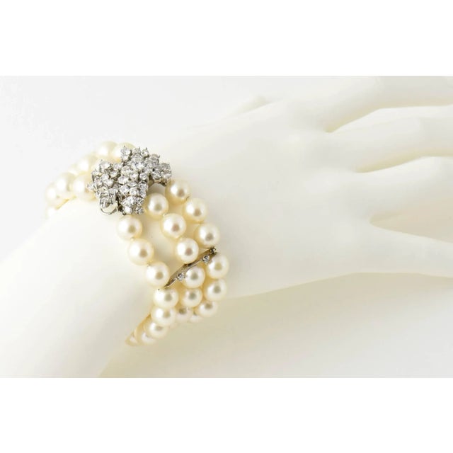 Metal Mid-20th Century Triple Strand Cultured Pearl and Diamond White Gold Bracelet For Sale - Image 7 of 10