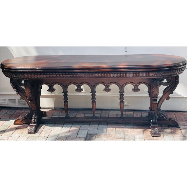 American 19 Th C Antique Carved Oak Library Table For Sale - Image 3 of 12