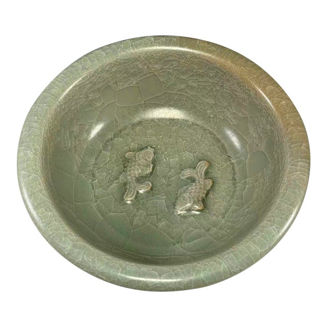 Antique Chinese Longquan Celadon Bowl With Twin Fish Relief For Sale