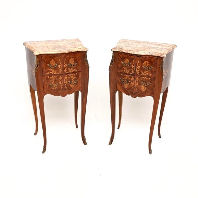 Antique French Inlaid Marble Top Bedside Chests, 1900, Set of 2 For Sale - Image 11 of 11