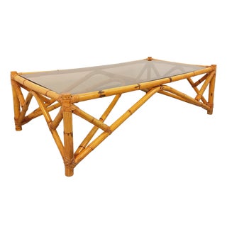 Vintage Rectangular Coffee Table in Rattan and Smoked Glass, 1970s For Sale