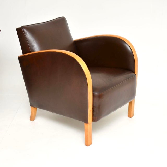 1930s Swedish Art Deco Armchairs in Satin Birch and Leather, 1930s, Set of 2 For Sale - Image 5 of 11