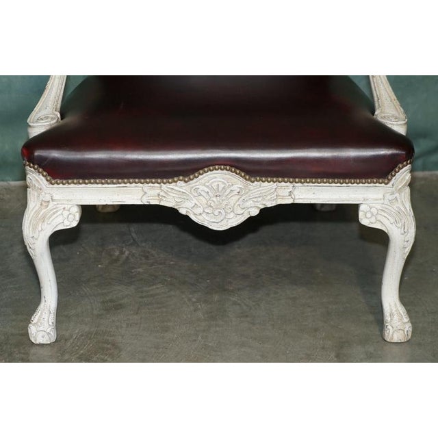 2000 - 2009 Vintage French Louis XV Style Oxblood Leather Armchair with Painted Frame For Sale - Image 5 of 18