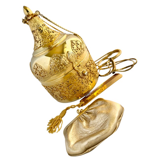 Metal 80s Judith Leiber Shoulder Bag Filigree Gold Plate Metal Embossed Evening Bag Floral Vintage For Sale - Image 7 of 9