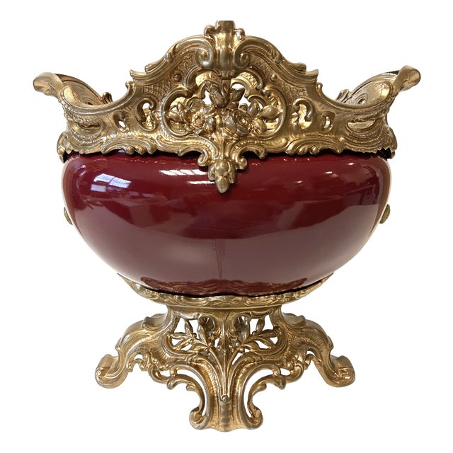 Antique Napoleon III Faience Gilded Metal Planter For Sale