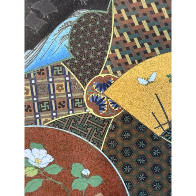 Brown Fine Japanese Cloisonne Enamel Fan Design Plate With Tokugawa Mon by Goto For Sale - Image 8 of 10