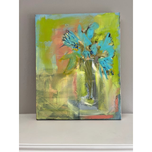 Blue Flowers in Glass Vase, an original oil with a soft, abstract design. Loose brushstrokes and painterly, it’s painted...