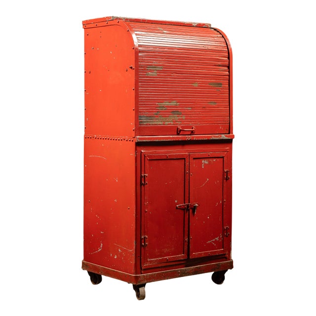 Vintage Industrial Wood and Steel Wheeled Workshop Cabinet For Sale