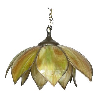 Vintage Mid-Century Boho 16 Panel Double Lotus Flower Swag Hanging Lamp For Sale