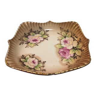 Antique Japanese Nippon Style Ceramic Candy Dish - Hand-Painted Floral Roses, Gold Gilt Trim, Scalloped Square Edges For Sale