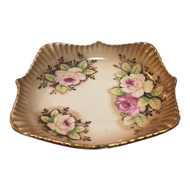 Antique Japanese Nippon Style Ceramic Candy Dish - Hand-Painted Floral Roses, Gold Gilt Trim, Scalloped Square Edges For Sale