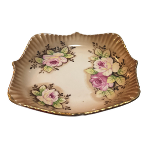 Antique Japanese Nippon Style Ceramic Candy Dish - Hand-Painted Floral Roses, Gold Gilt Trim, Scalloped Square Edges