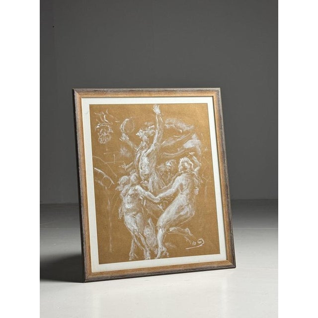 Chalk drawing on brown paper. Appears to be a mythological image depicting dancing women. Framed and behind glass....