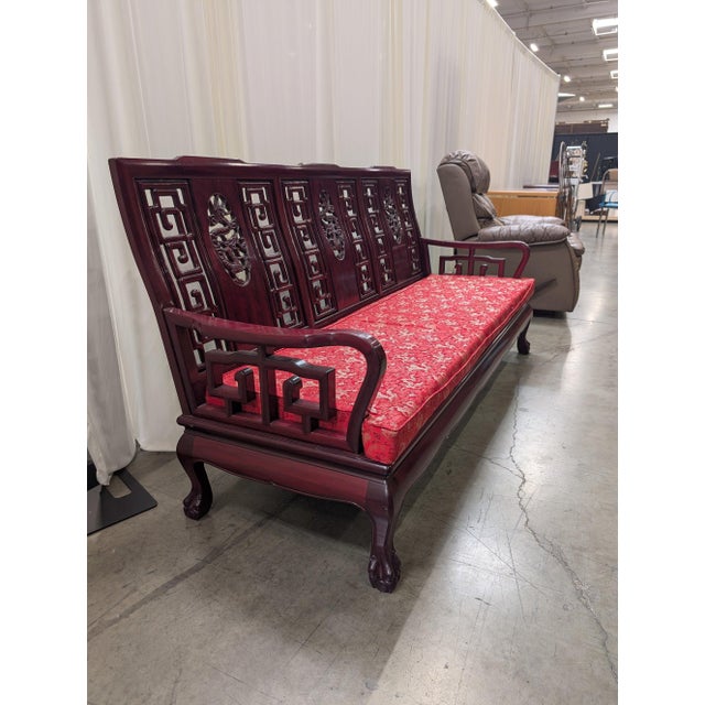 Vintage Chinese Rosewood Three-Seat Sofa With Hand-Carved Dragon Medallions and Red Silk Cushion For Sale In Seattle - Image 6 of 11