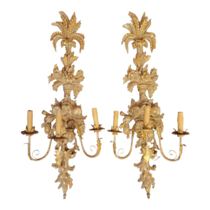 Vintage Extra Tall Italian Gold Leaf Carved Flowers Fruit Rococo Style 3 Light Wall Sconce Lamps- A Pair