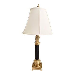 Vintage Brass & Black Column Table Lamp With Square Base & New Ivory Shade For Sale