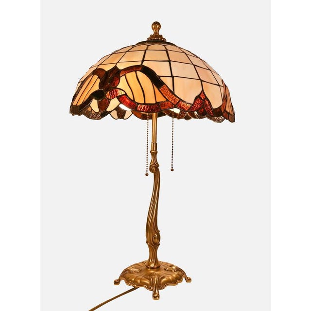 Tiffany Style Table Lamp in Brass and Art Glass, 1950s For Sale - Image 10 of 11