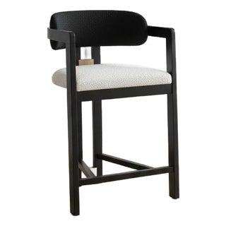 Conan Modern Curved Wood Counter Chair in Black and White Boucle For Sale