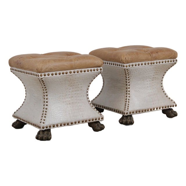 Thomasville Pair of Tufted Leather Stools For Sale