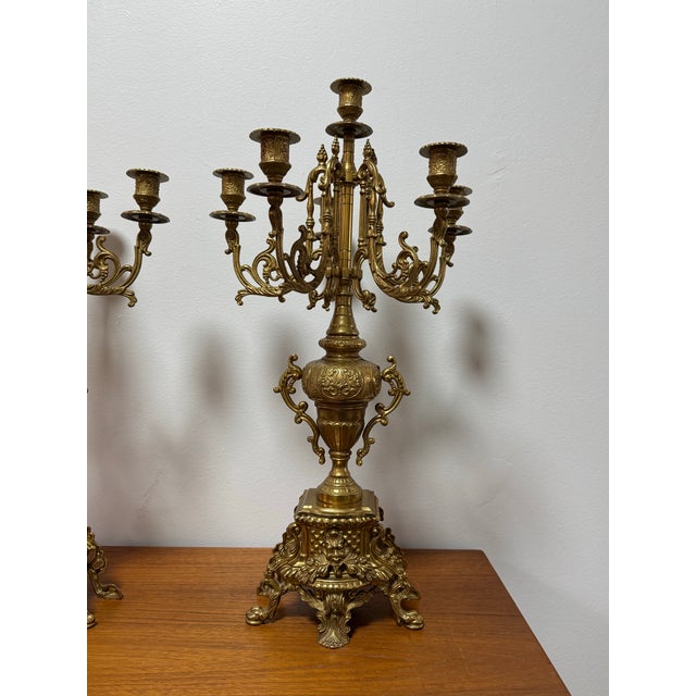 Rococo Large Pair of French Rococo Revival 6-Light Gilt Metal Candelabra, 24” Tall For Sale - Image 3 of 11