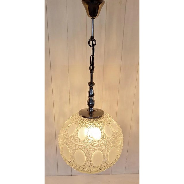 Vintage Metal Ceiling Lamp with Round Clear Glass Relief Shade, 1970s For Sale - Image 3 of 7