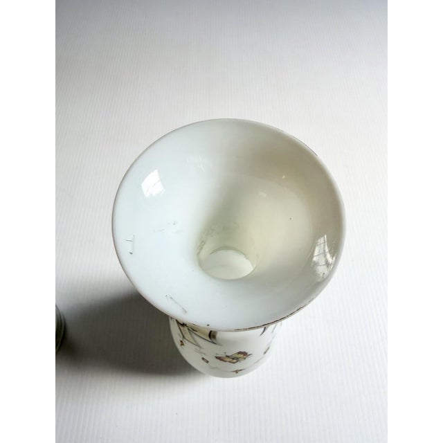 White Matching Pair of Antique Bristol Glass Vases With Hand Painted Flowers & Butterflies For Sale - Image 8 of 17