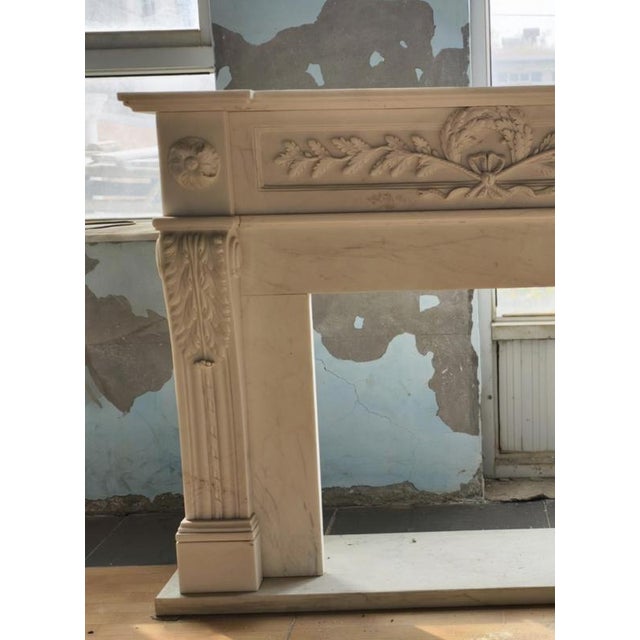 Neoclassical Hand-Carved White Marble Fireplace Mantle with Laurel and Rosette For Sale - Image 3 of 6