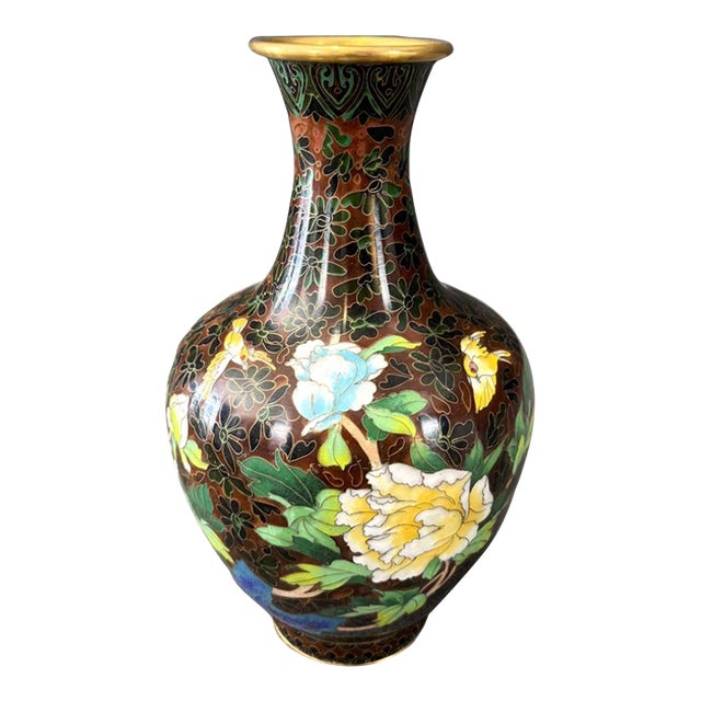 Brown Cloisonne Vase With Birds and Flowers For Sale