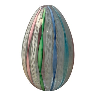 Vintage Murano Latticino Ribbon Art Glass Egg-Shaped Paperweight For Sale