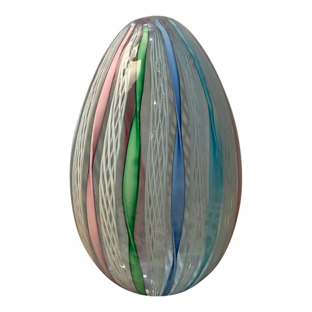 Vintage Murano Latticino Ribbon Art Glass Egg-Shaped Paperweight For Sale