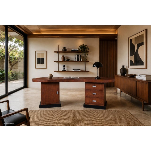 Mid-century modern sculptural biomorphic walnut executive desk, custom-made in the United States, circa 1980s. Defined by...