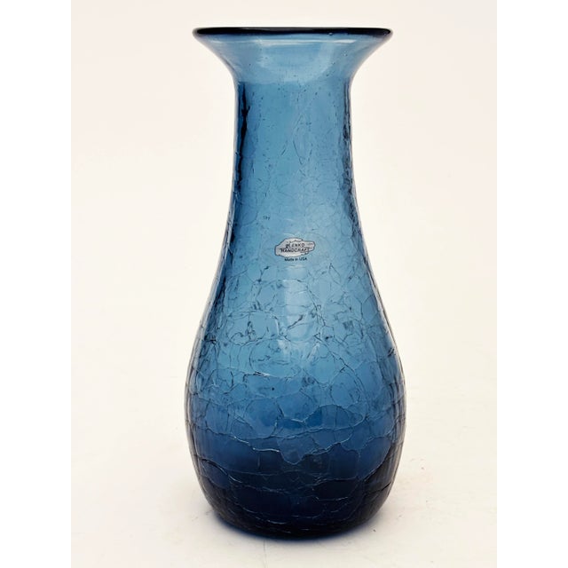 Cobalt Blue Crackle Hand-Blown Glass Vase by Blenko Glass Co. For Sale - Image 9 of 16
