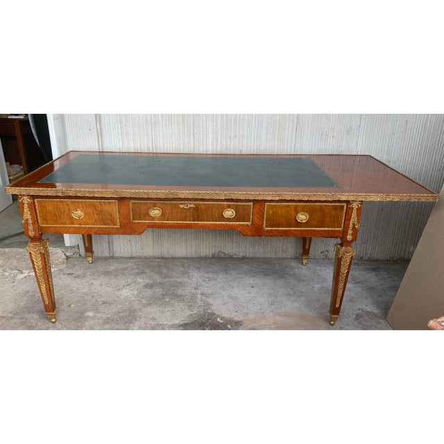 French Louis XVI Style Writing Desk Bureauplatt, Bronze Gilt Mounts Leather Top For Sale - Image 18 of 18