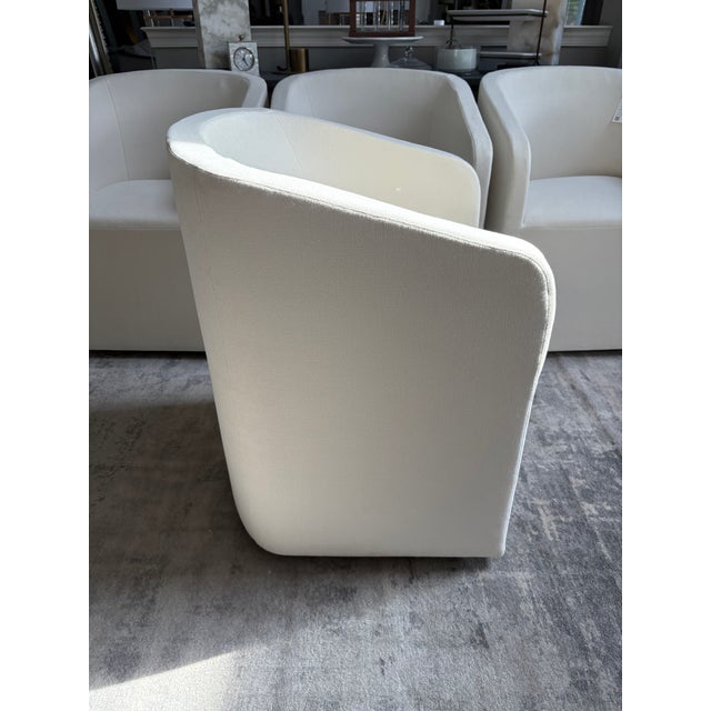 Restoration Hardware Ellison Barrelback Slope Arm Dining Chairs – Set of 4 Performance Linen Weave in Natural | Recessed Casters For Sale In Columbus - Image 6 of 9