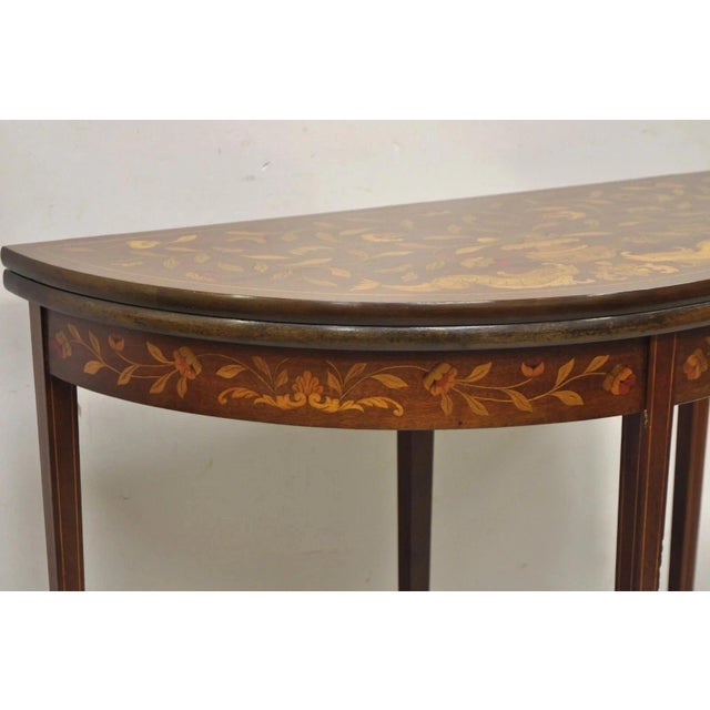 Antique Dutch Marquetry Inlay Flip Top Demilune Round Console Game Table For Sale - Image 9 of 12