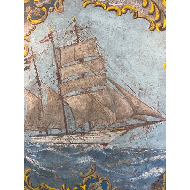 1940s English Merry-Go-Round Center Panel – Large Scale Nautical Oil Painting on Masonite For Sale - Image 9 of 9