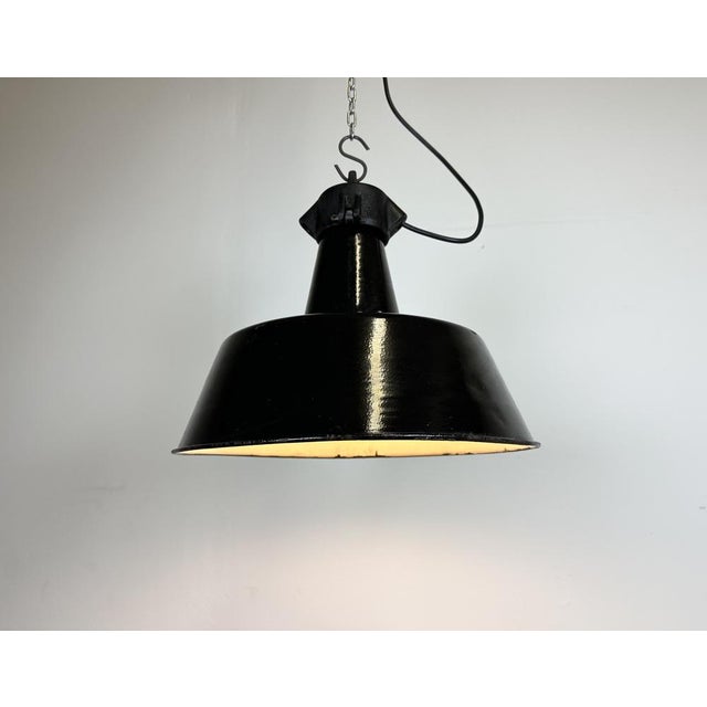 Black Industrial Black Enamel Factory Lamp with Cast Iron Top, 1960s For Sale - Image 8 of 15