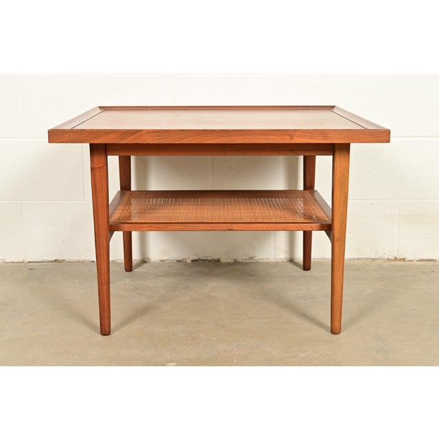 Drexel Declaration Kipp Stewart for Drexel Declaration Mid-Century Modern Walnut and Cane Two-Tier Coffee Table, 1961 For Sale - Image 4 of 9