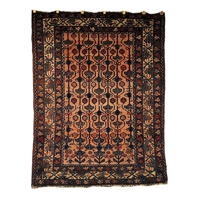 Antique Persian Malayer Area Rug, Hand-Knotted Wool, Geometric Pattern, 4x5, Red & Navy For Sale