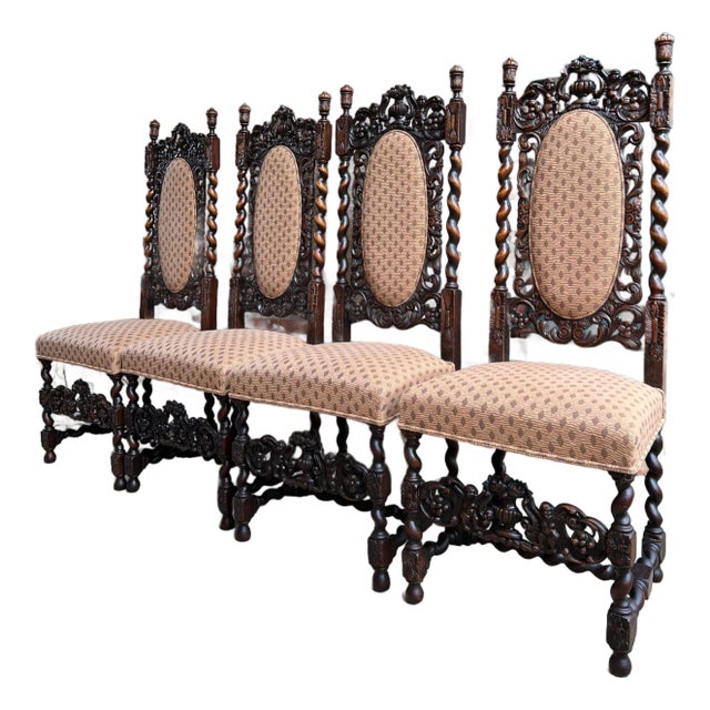 Set 4 Tall Antique French Dining Chairs Barley Twist Renaissance Carved Oak 1890 For Sale