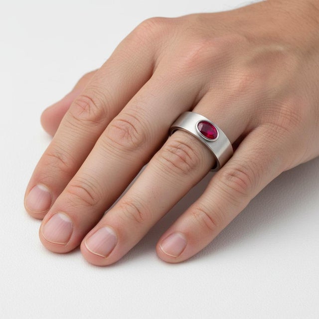 Metal Bezel Set Oval Ruby Wide Matte Band Silver, Gold, Size 10 For Sale - Image 7 of 7