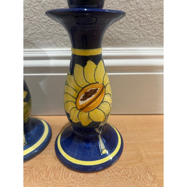 Vintage Italian Ceramic Sunflower Candlesticks -Pair For Sale - Image 4 of 5