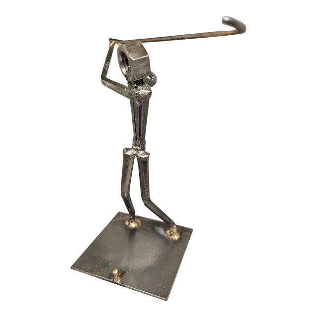 Vintage Metal Art Sculpture Hand Made Man Playing Golf, Signed Romano 1987 For Sale