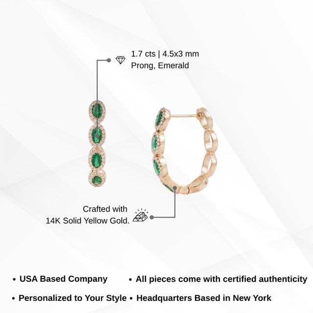 14k Gold 1.7ct Natural Emerald & Diamond Halo Art Deco Hoop Earrings- 2 Pieces For Sale - Image 15 of 18