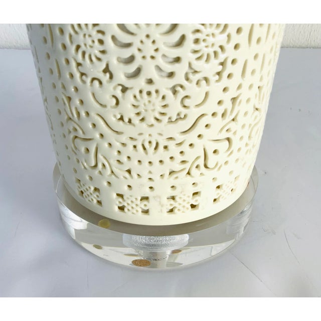 Stylish Small Custom White Porcelain Asian Cut Out Scroll Holder Table Lamp, acrylic base, brass accents, showroom floor...