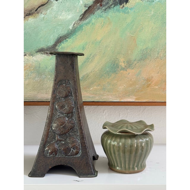 Antique Original Arts & Crafts Hammered Copper Candle Sticks a Pair C. 1905 For Sale - Image 4 of 12